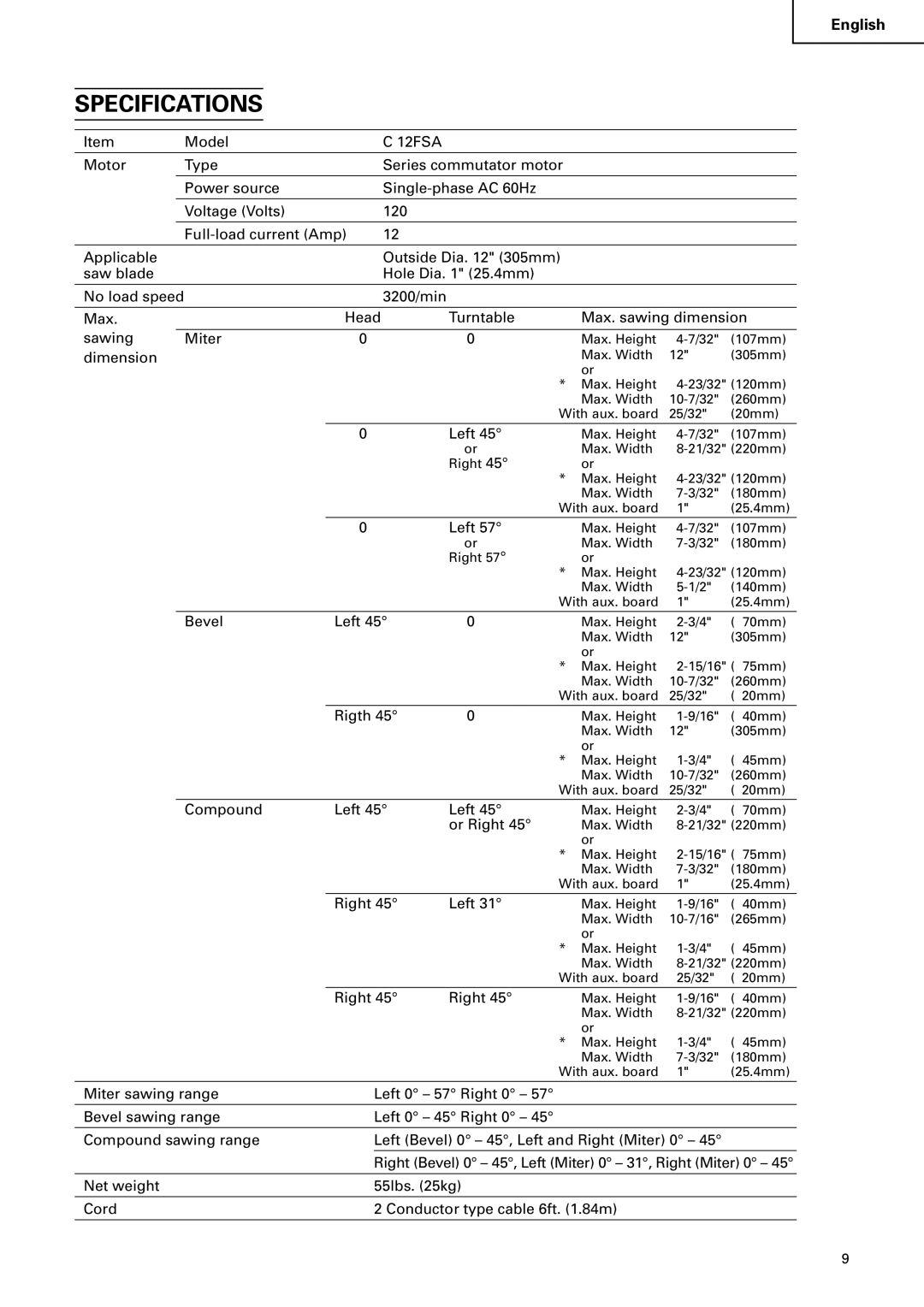 Hitachi C12FSA instruction manual Specifications 