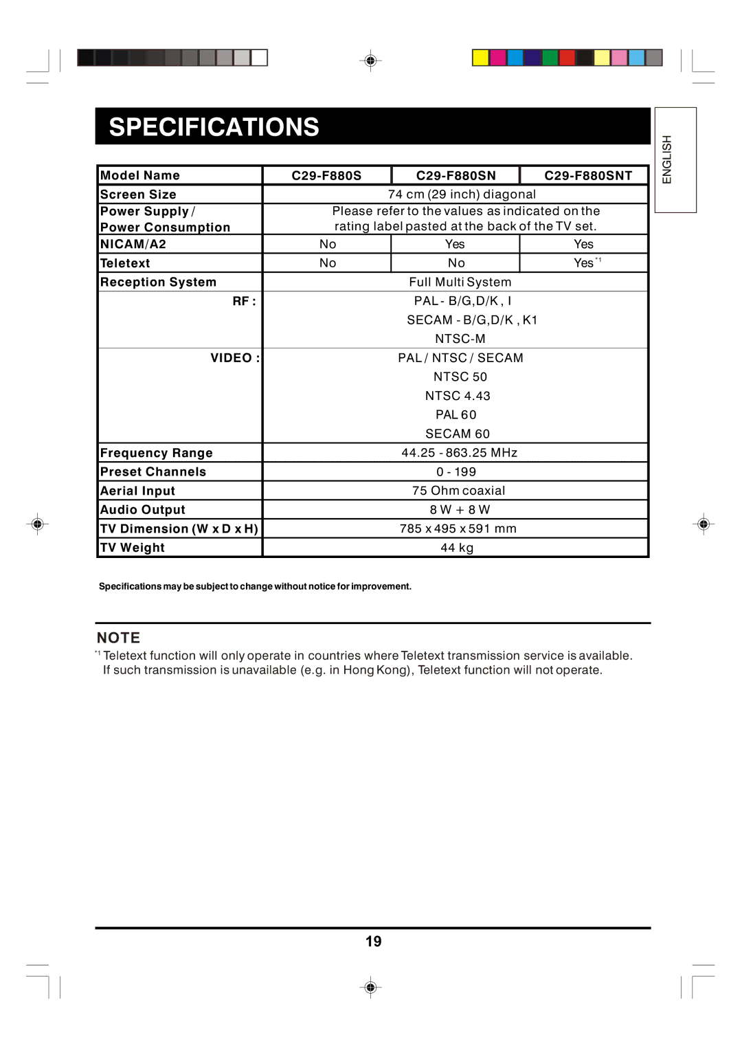 Hitachi C29-F880SN manual Specifications, Video 