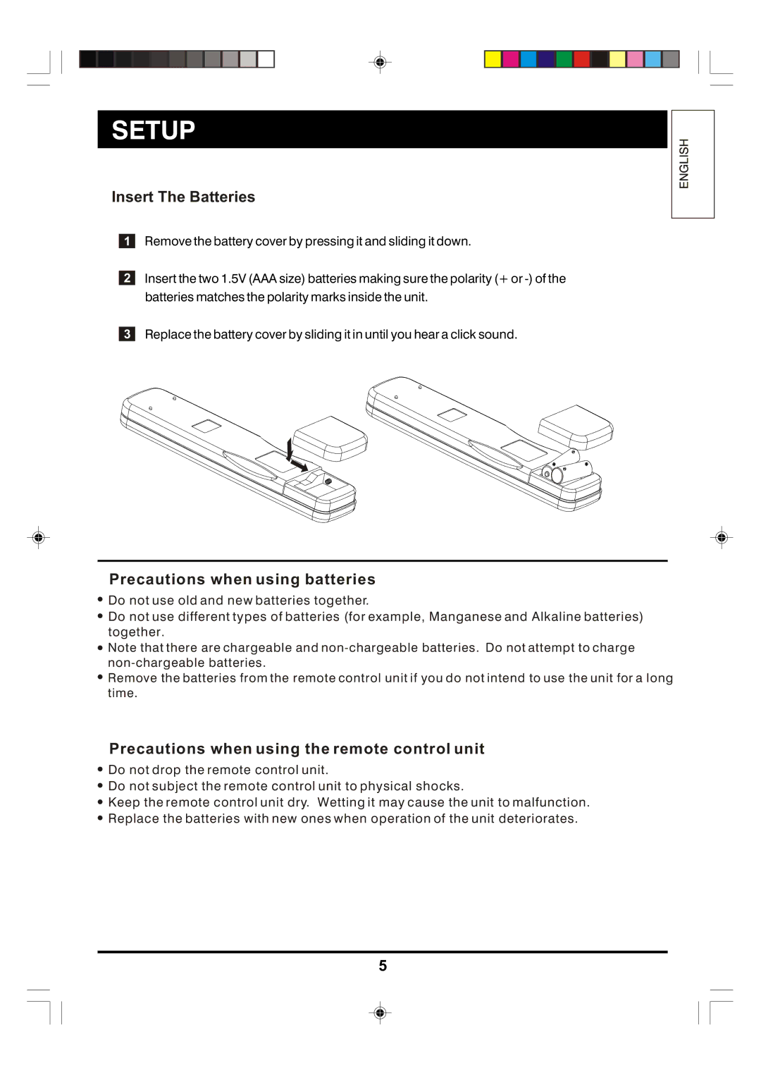 Hitachi C29-F880SN manual Setup, Insert The Batteries, Precautions when using batteries 