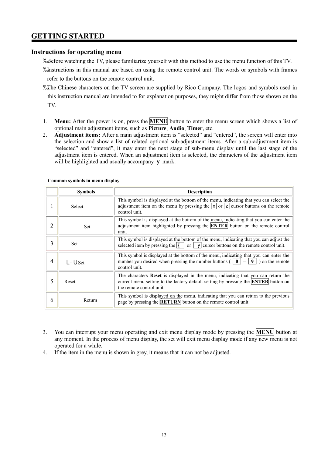 Hitachi C43-FD7000, C50-FD7000 instruction manual Getting Started, Instructions for operating menu 