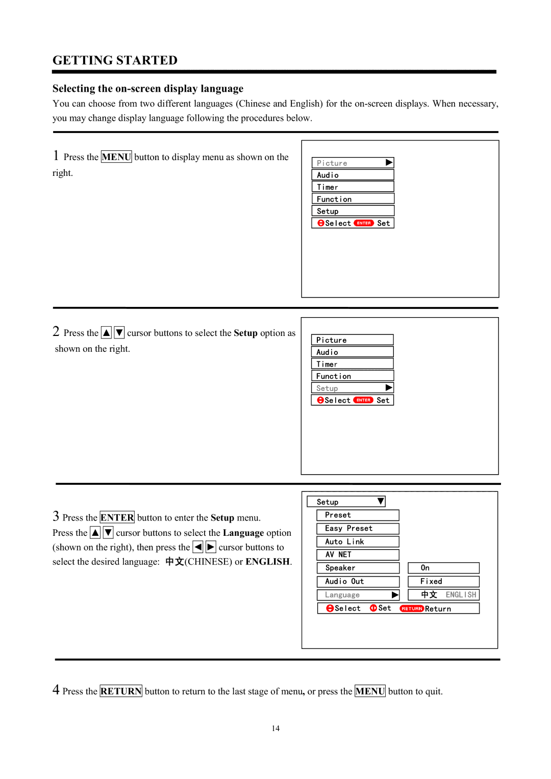 Hitachi C50-FD7000, C43-FD7000 instruction manual Selecting the on-screen display language, Menu 