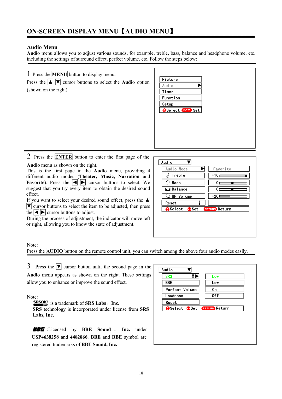 Hitachi C50-FD7000 ON-SCREEN Display Menu Audio Menu, Labs, Inc, USP4638258 and 4482866. BBE and BBE symbol are 