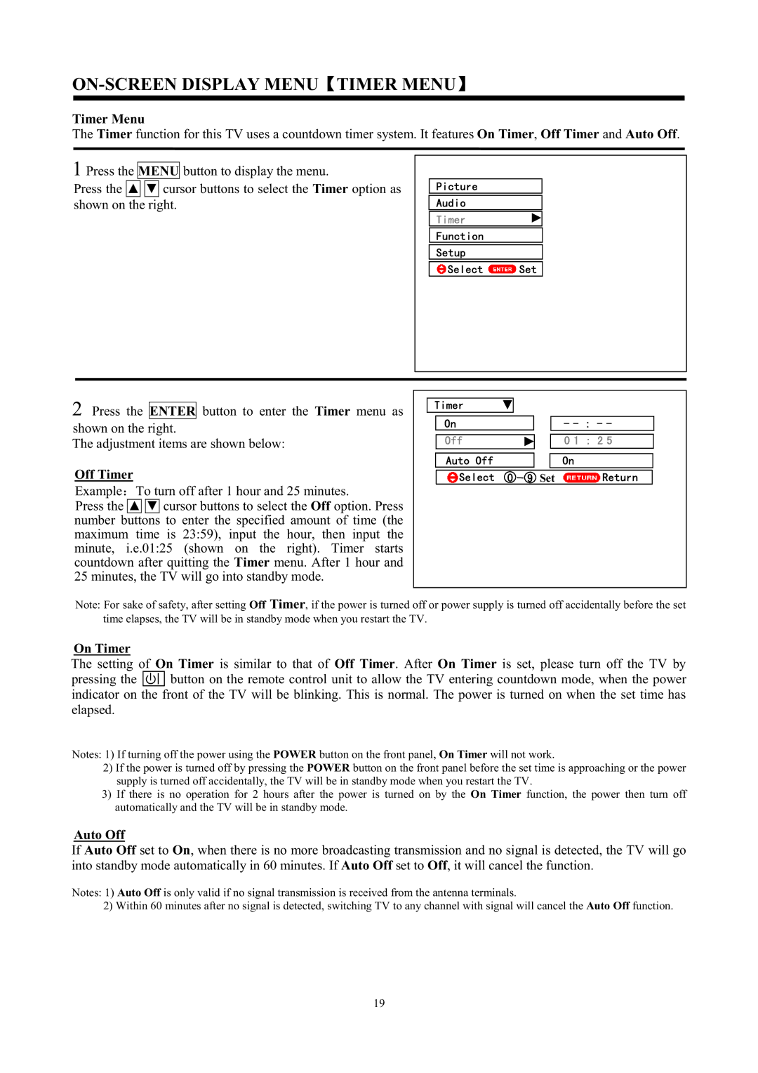 Hitachi C43-FD7000, C50-FD7000 instruction manual ON-SCREEN Display Menu Timer Menu, Off Timer, On Timer, Auto Off 