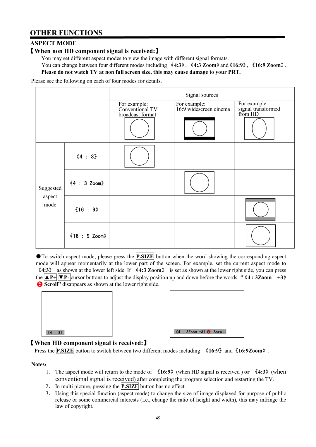 Hitachi C43-FD7000 When non HD component signal is received, When HD component signal is received, Ÿp+, 3Zoom +3 