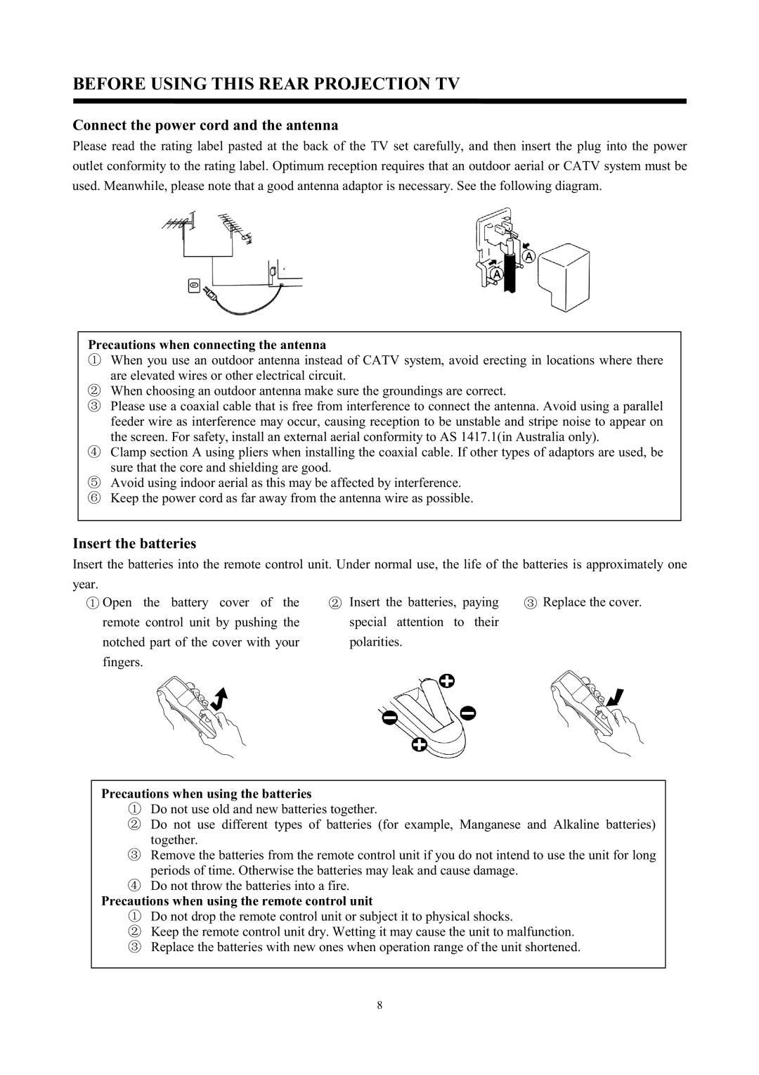 Hitachi C50-FD7000 Connect the power cord and the antenna, Insert the batteries, Precautions when connecting the antenna 