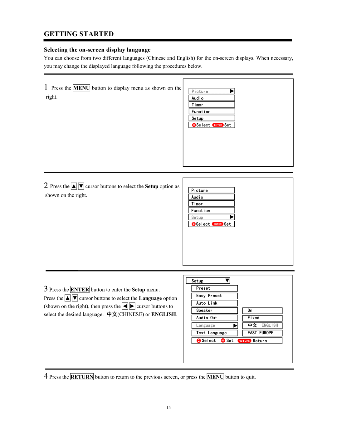 Hitachi C43-FL9000, C52-WD9000 instruction manual Selecting the on-screen display language, Menu 