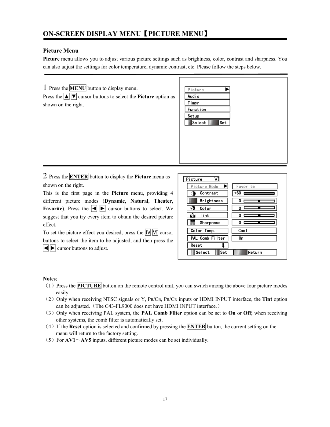 Hitachi C43-FL9000, C52-WD9000 instruction manual ON-SCREEN Display Menu Picture Menu 