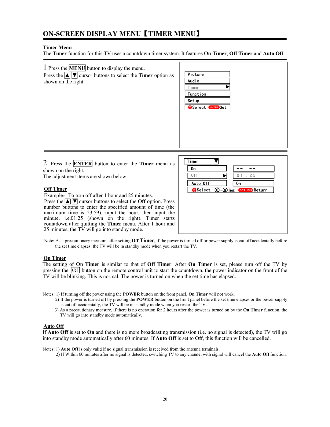 Hitachi C52-WD9000, C43-FL9000 instruction manual ON-SCREEN Display Menu Timer Menu, Off Timer, On Timer, Auto Off 