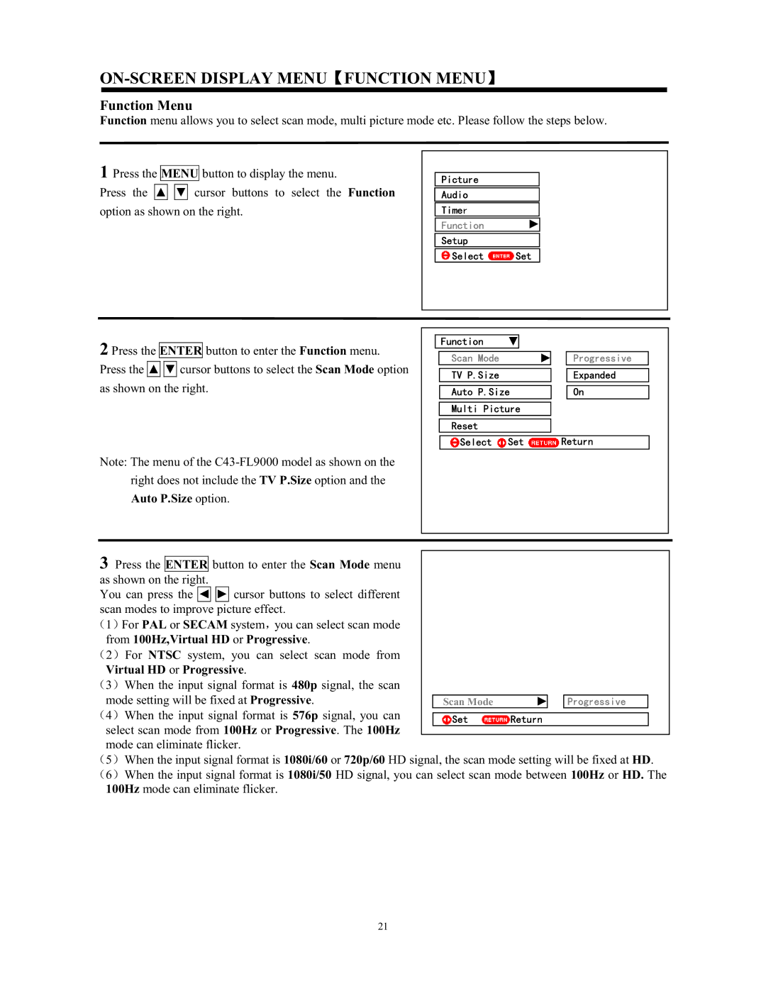 Hitachi C43-FL9000, C52-WD9000 instruction manual ON-SCREEN Display Menu Function Menu, Auto P.Size option 