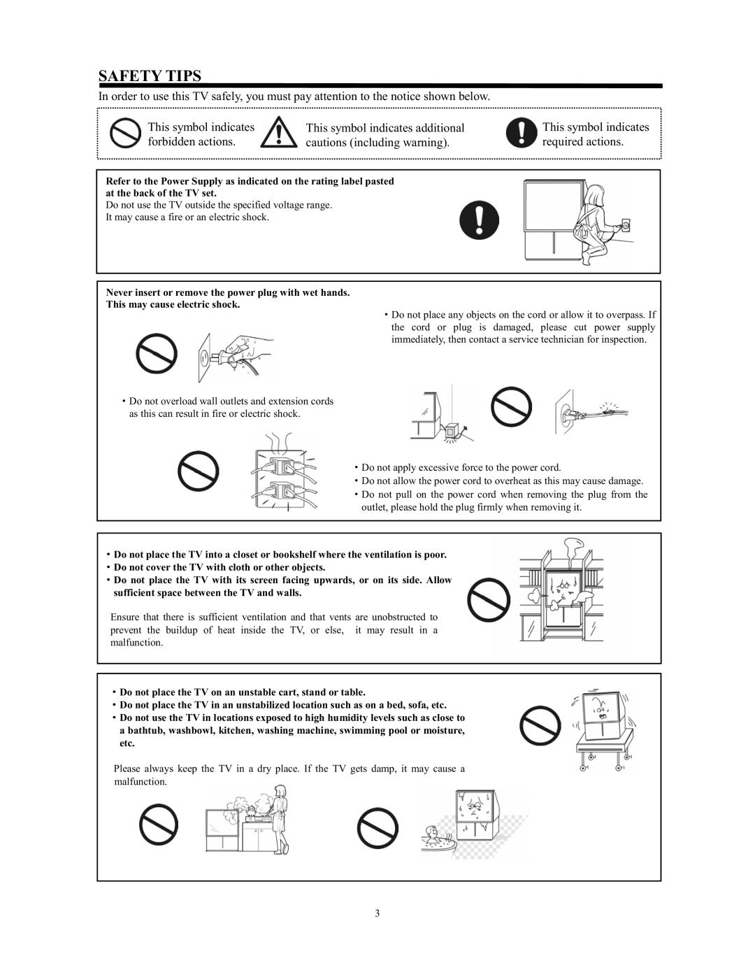 Hitachi C43-FL9000, C52-WD9000 instruction manual Safety Tips, Forbidden actions Required actions 