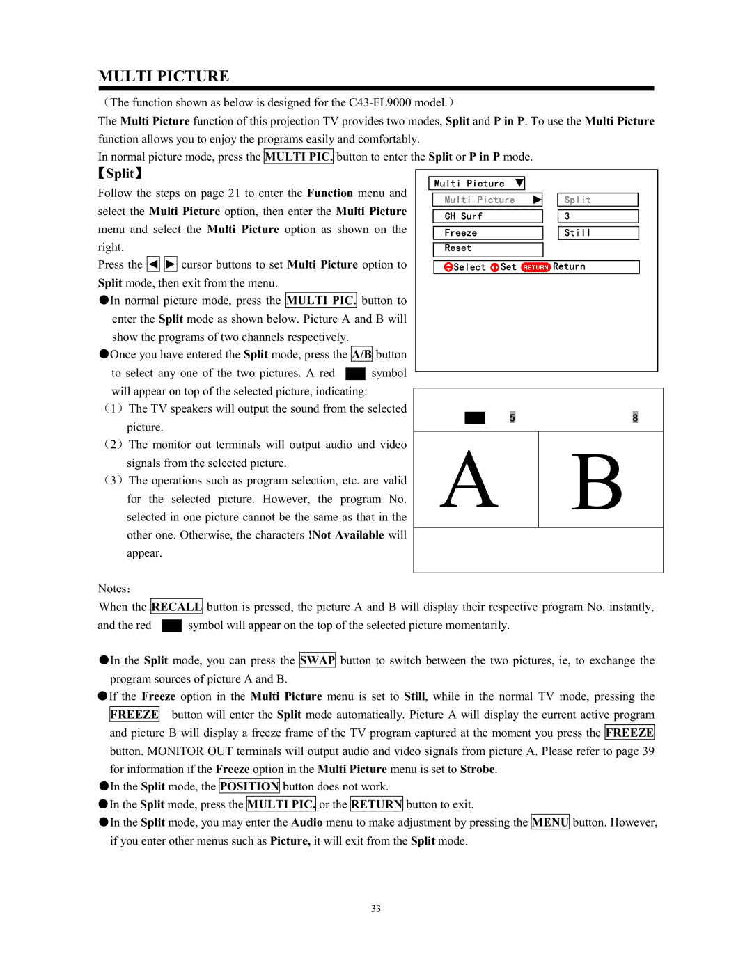 Hitachi C43-FL9000, C52-WD9000 instruction manual Multi Picture, Split, Multi PIC 