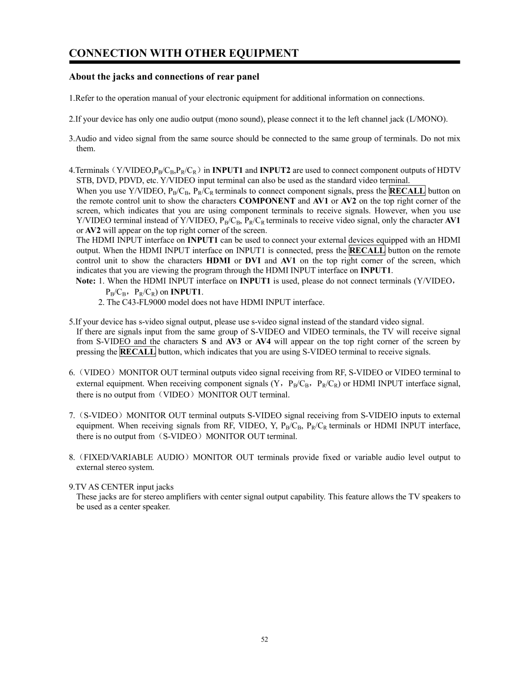 Hitachi C52-WD9000, C43-FL9000 instruction manual About the jacks and connections of rear panel, Video,Pb/Cb,Pr/Cr 