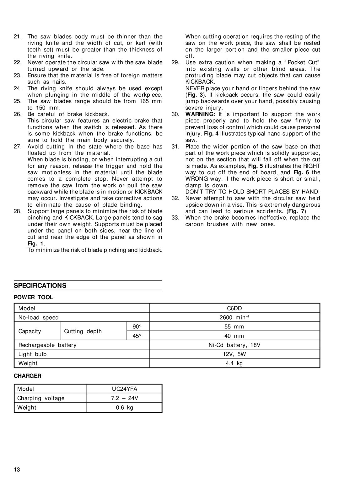 Hitachi C6DD manual Specifications, Kickback 