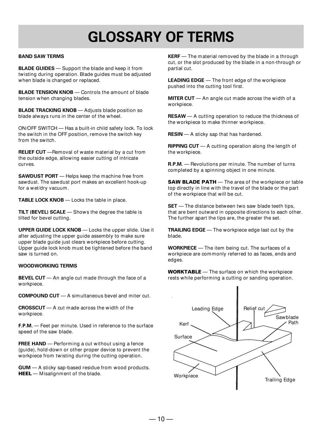 Hitachi CB 13F instruction manual Glossary of Terms, Band SAW Terms, Woodworking Terms 