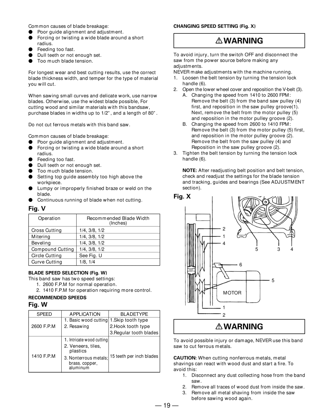 Hitachi CB 13F Blade Speed Selection Fig. W, Recommended Speeds, Speed Application Bladetype, Changing Speed Setting Fig 