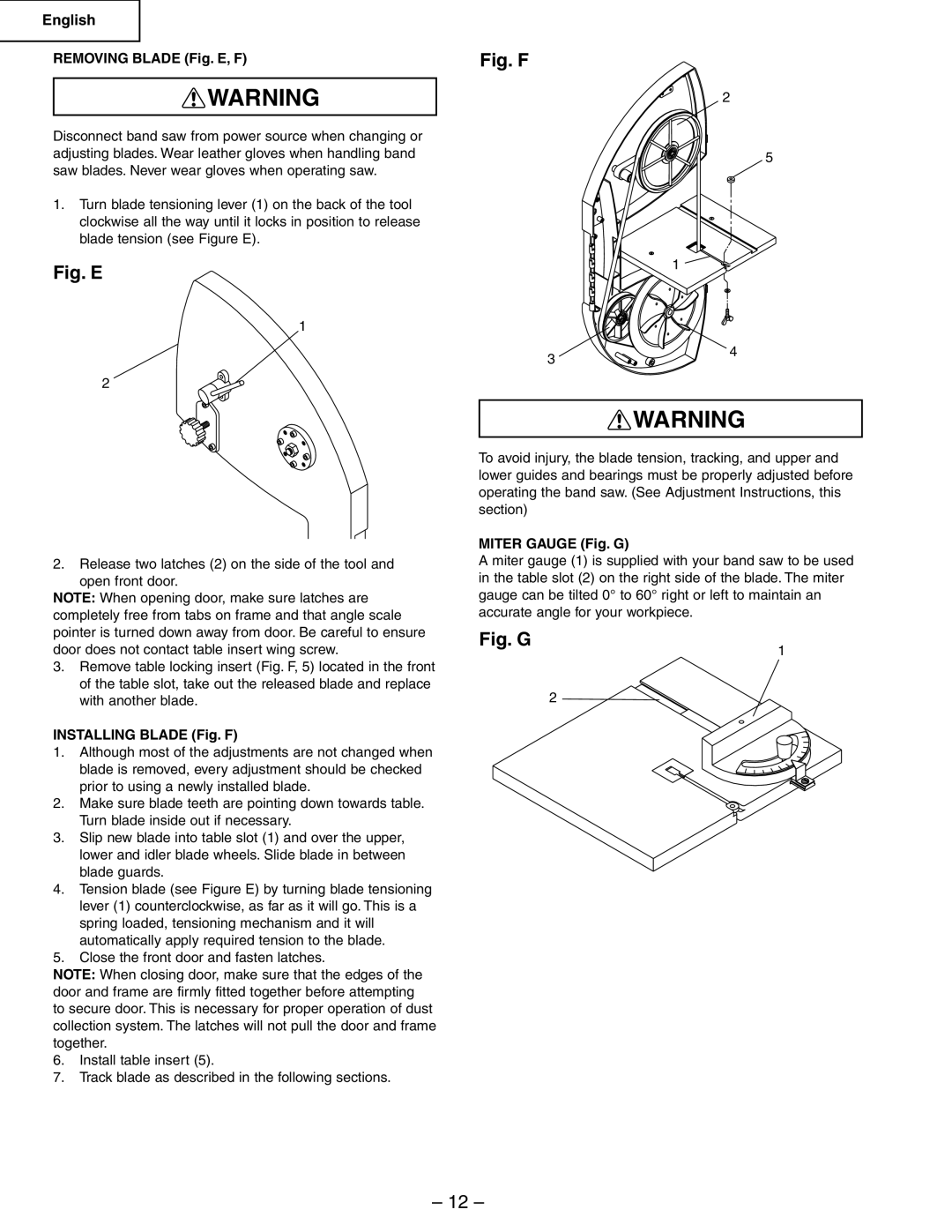 Hitachi CB6Y instruction manual Removing Blade Fig. E, F, Installing Blade Fig. F, Miter Gauge Fig. G 