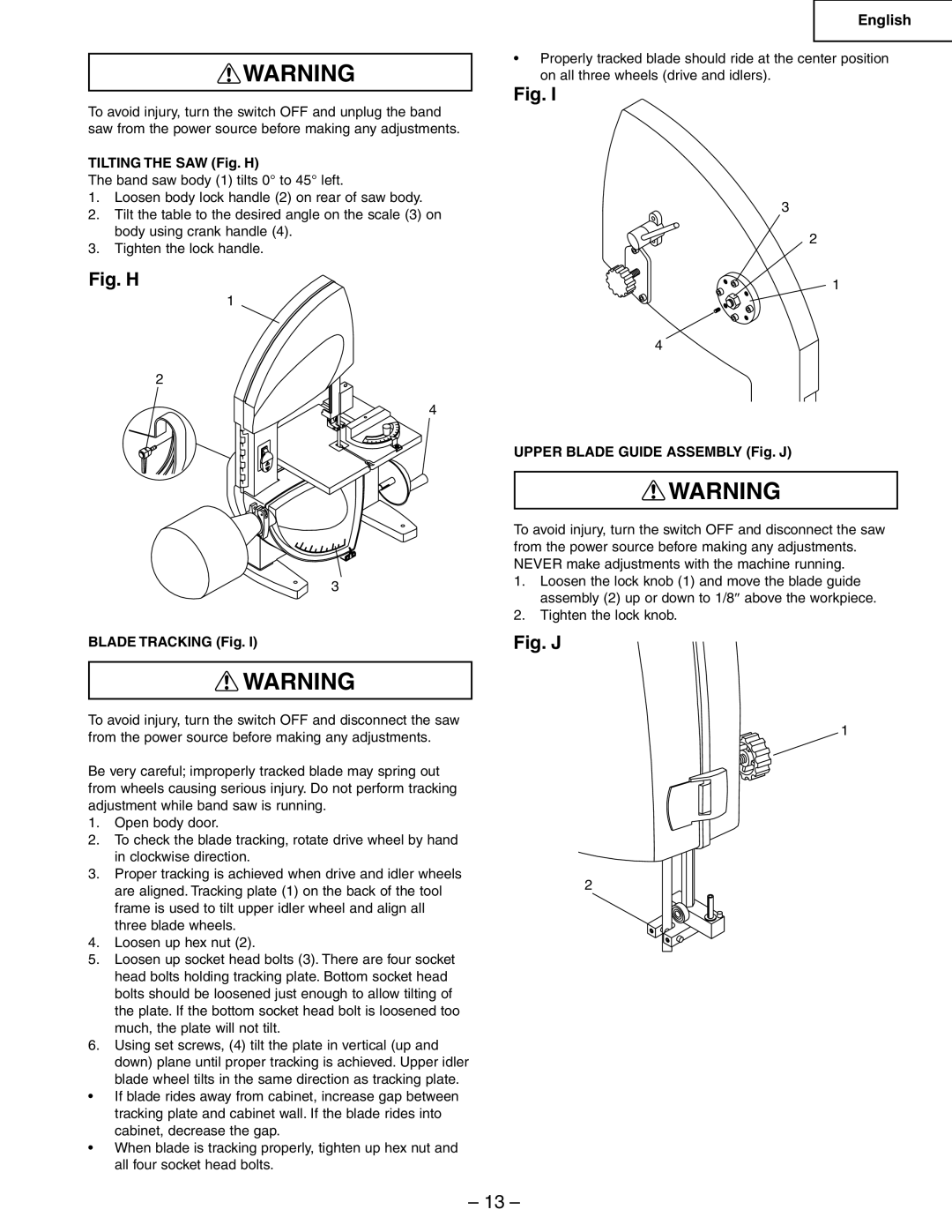 Hitachi CB6Y instruction manual Tilting the SAW Fig. H, Blade Tracking Fig, Upper Blade Guide Assembly Fig. J 