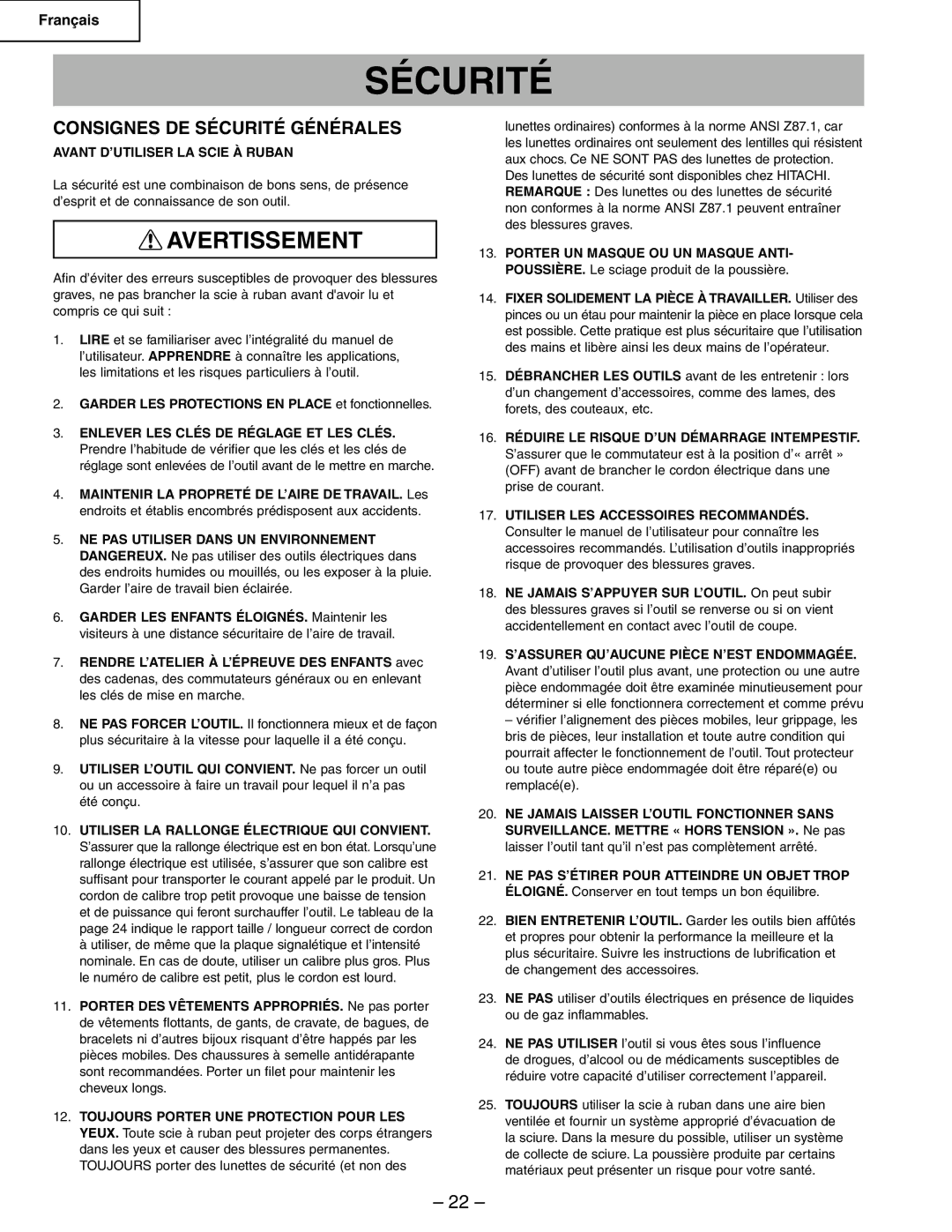 Hitachi CB6Y instruction manual Consignes DE Sécurité Générales, Avant D’UTILISER LA Scie À Ruban 