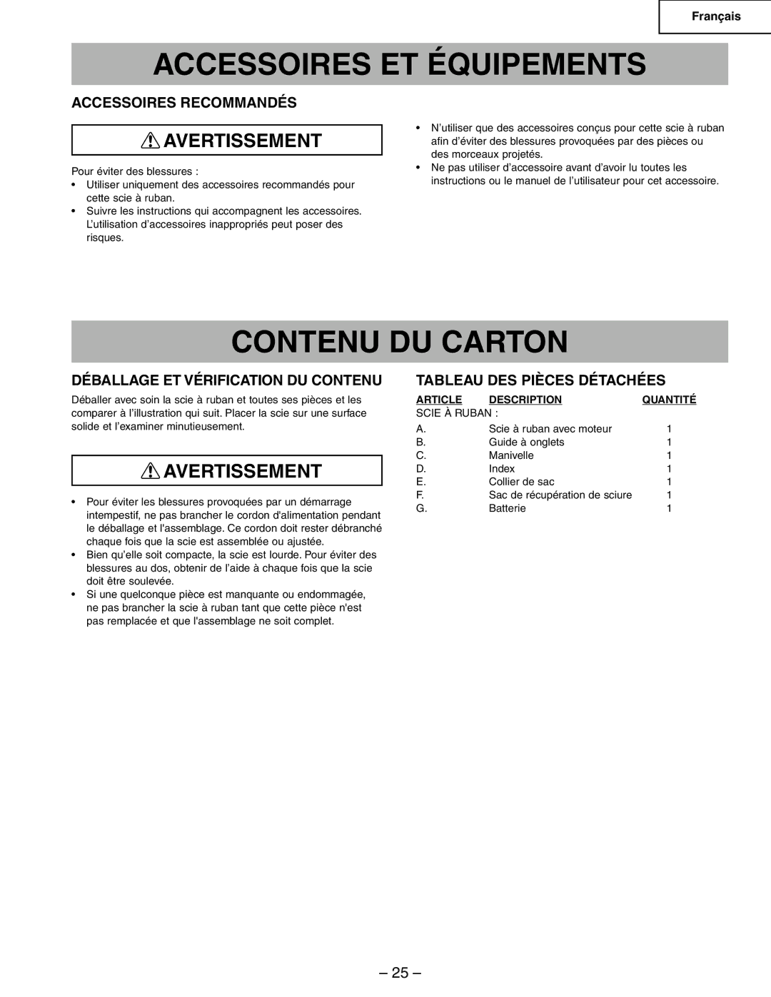 Hitachi CB6Y Accessoires ET Équipements, Contenu DU Carton, Accessoires Recommandés, Déballage ET Vérification DU Contenu 