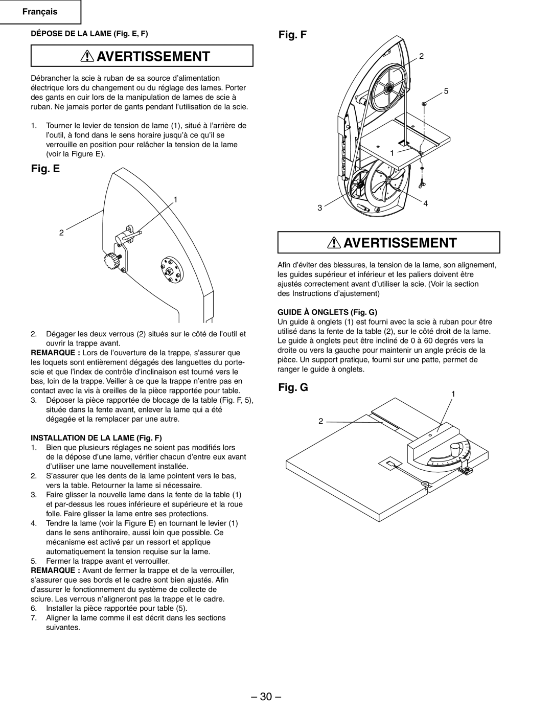 Hitachi CB6Y instruction manual Dépose DE LA Lame Fig. E, F, Installation DE LA Lame Fig. F, Guide À Onglets Fig. G 