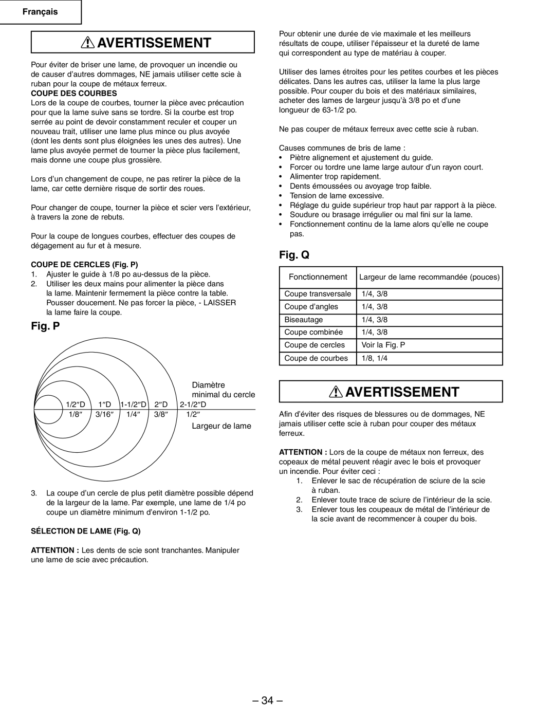 Hitachi CB6Y instruction manual Coupe DES Courbes, Coupe DE Cercles Fig. P, Sélection DE Lame Fig. Q 