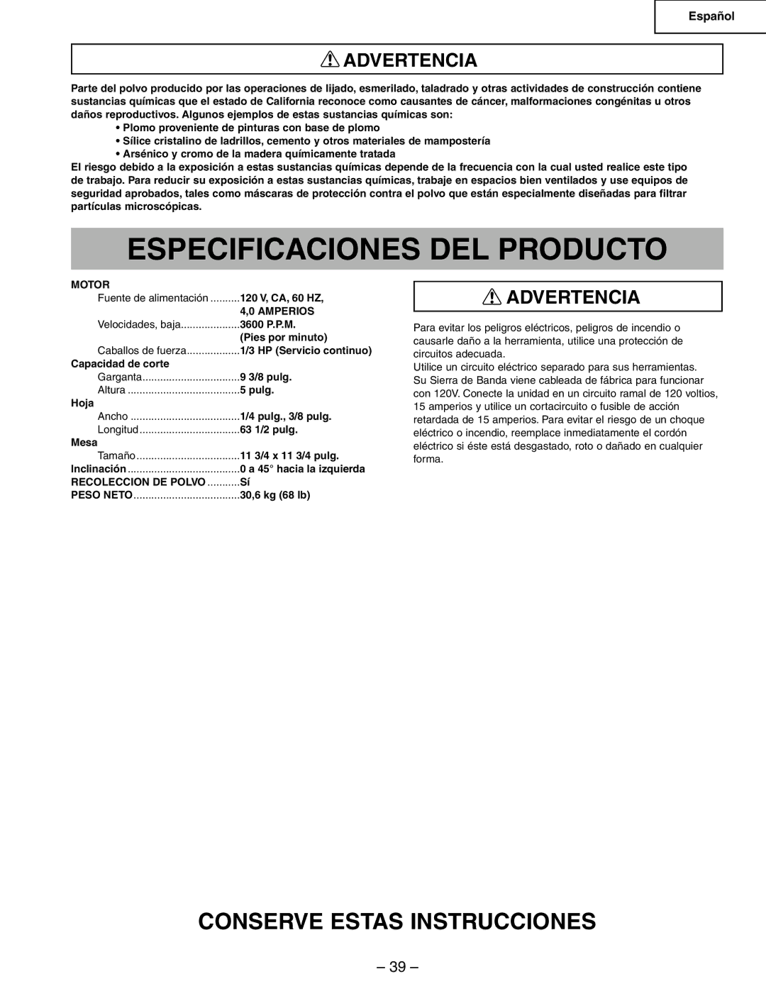 Hitachi CB6Y Especificaciones DEL Producto, Motor, Fuente de alimentación 120 V, CA, 60 HZ, Amperios, hacia la izquierda 