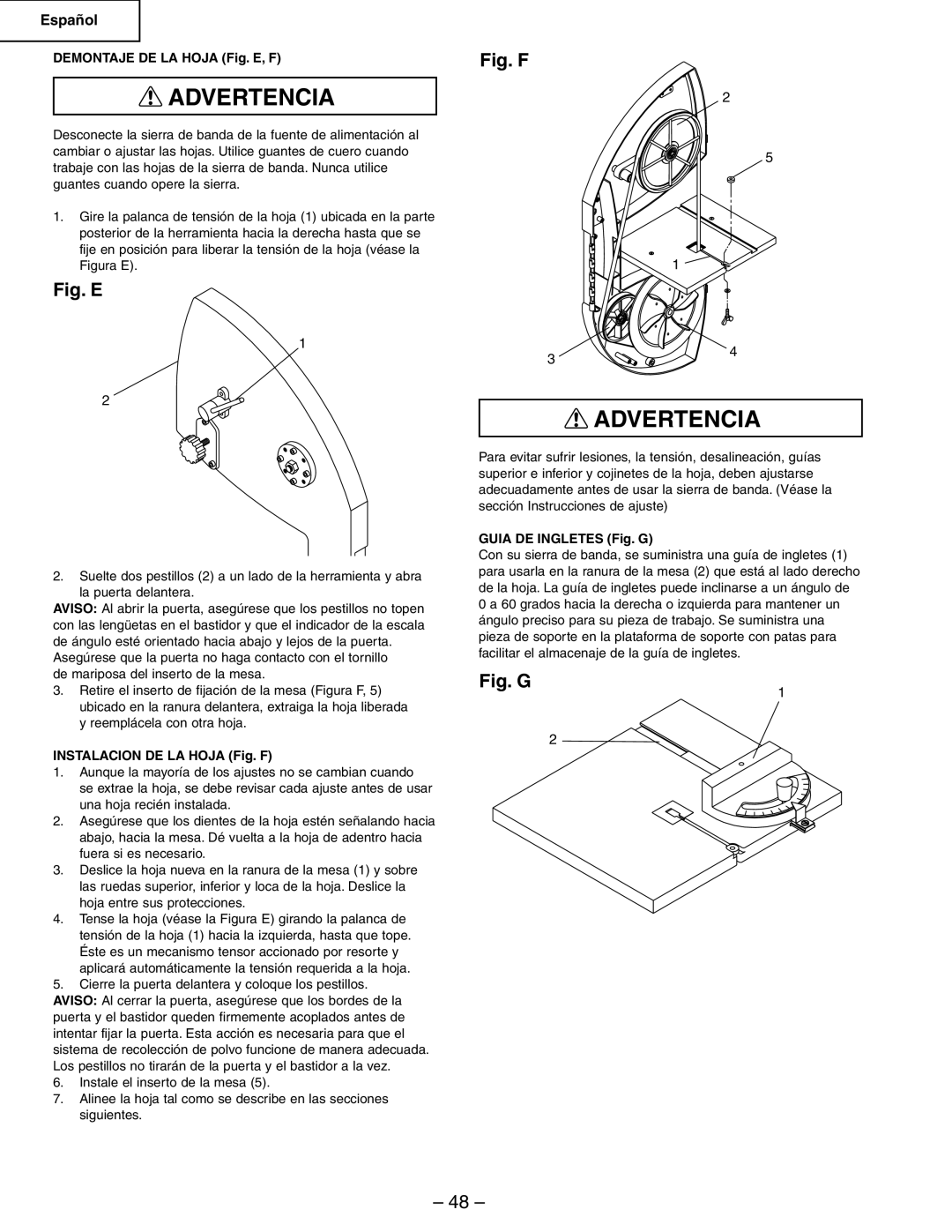 Hitachi CB6Y instruction manual Demontaje DE LA Hoja Fig. E, F, Instalacion DE LA Hoja Fig. F, Guia DE Ingletes Fig. G 