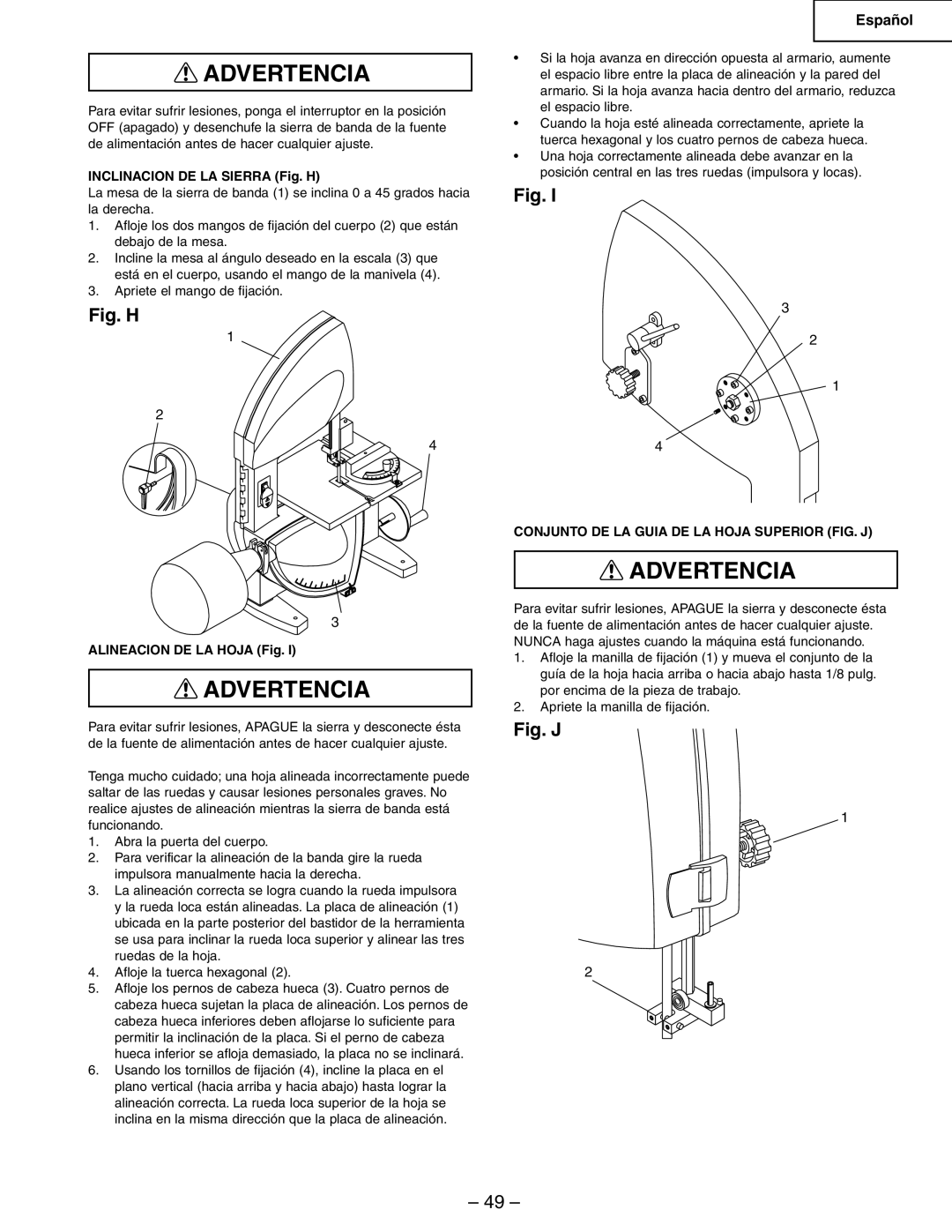 Hitachi CB6Y Inclinacion DE LA Sierra Fig. H, Alineacion DE LA Hoja Fig, Conjunto DE LA Guia DE LA Hoja Superior FIG. J 