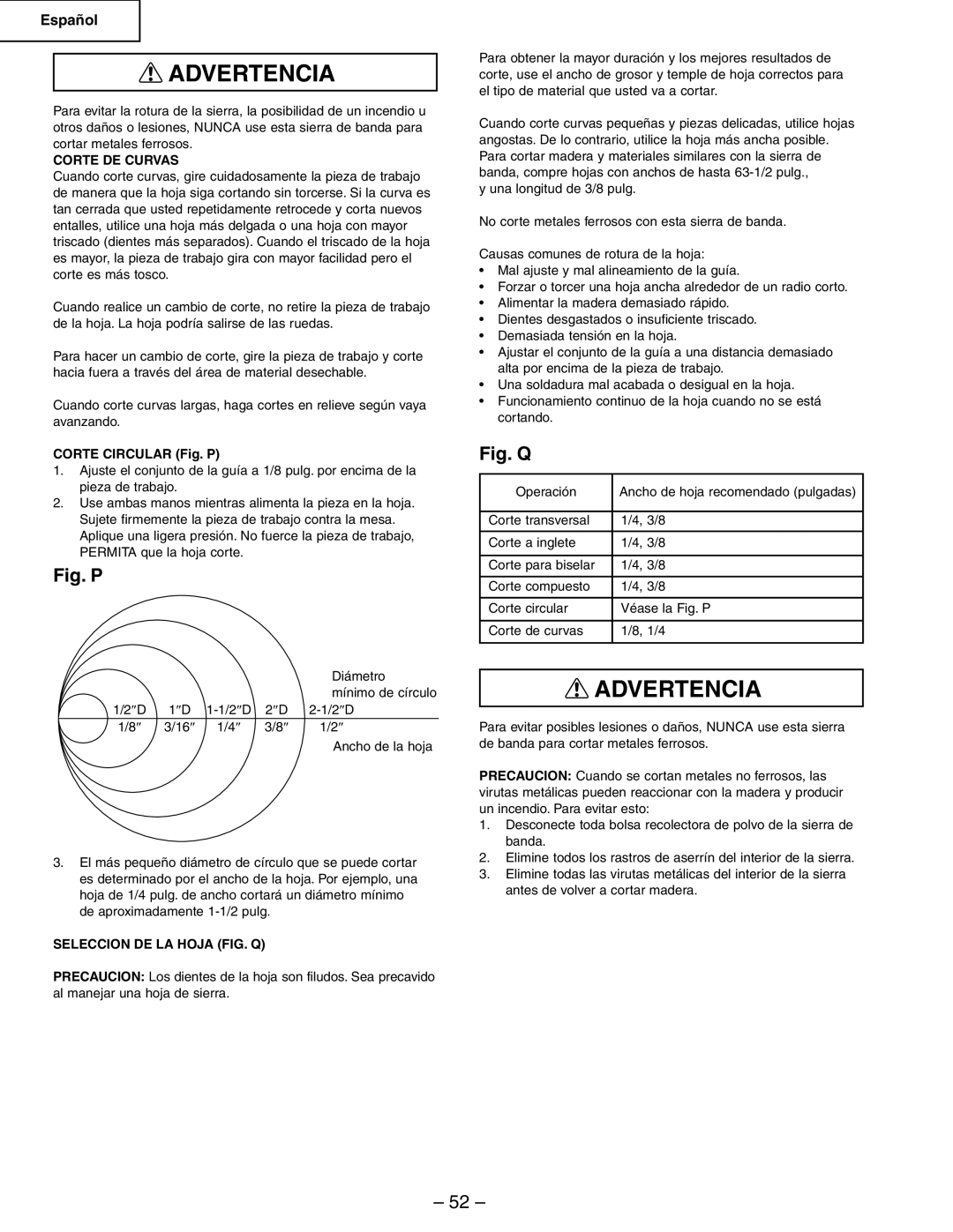 Hitachi CB6Y instruction manual Corte DE Curvas, Corte Circular Fig. P, Seleccion DE LA Hoja FIG. Q 