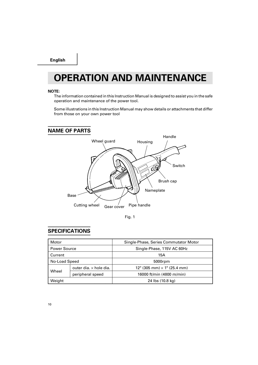 Hitachi CC 12Y instruction manual Operation and Maintenance, Name of Parts, Specifications 