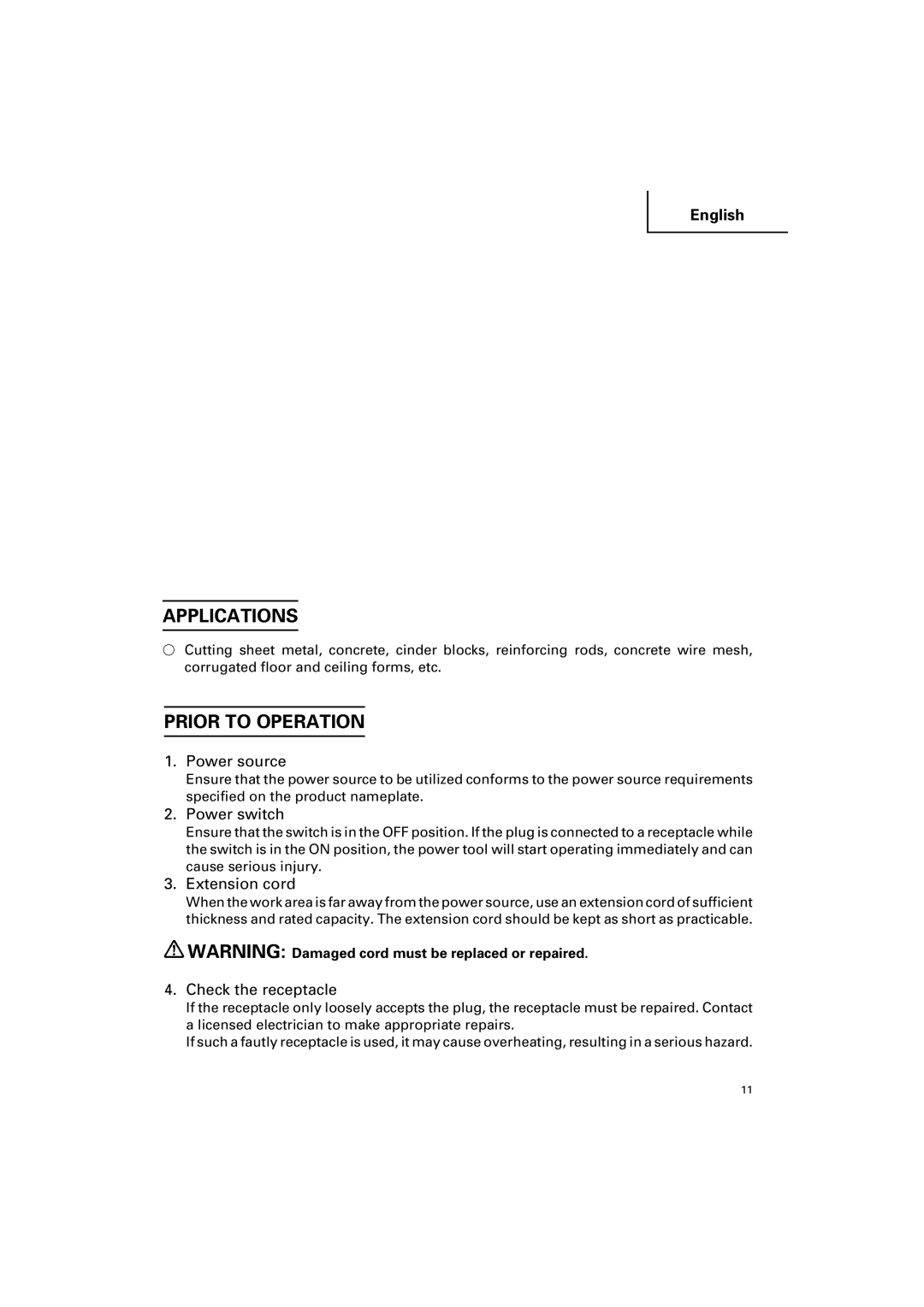 Hitachi CC 12Y instruction manual Applications, Prior to Operation 