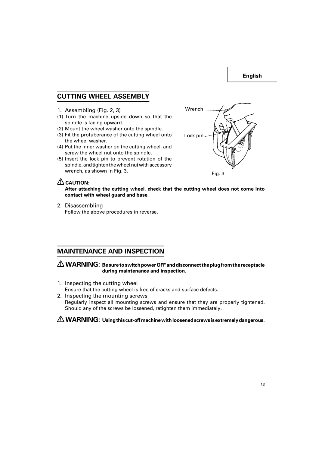 Hitachi CC 12Y instruction manual Cutting Wheel Assembly, Maintenance and Inspection 