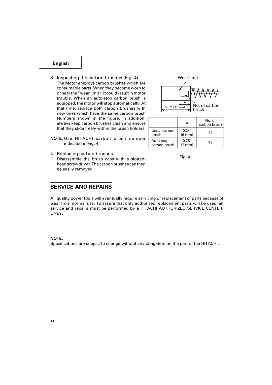 Hitachi CC 12Y instruction manual Service and Repairs, Inspecting the carbon brushes Fig, Replacing carbon brushes 