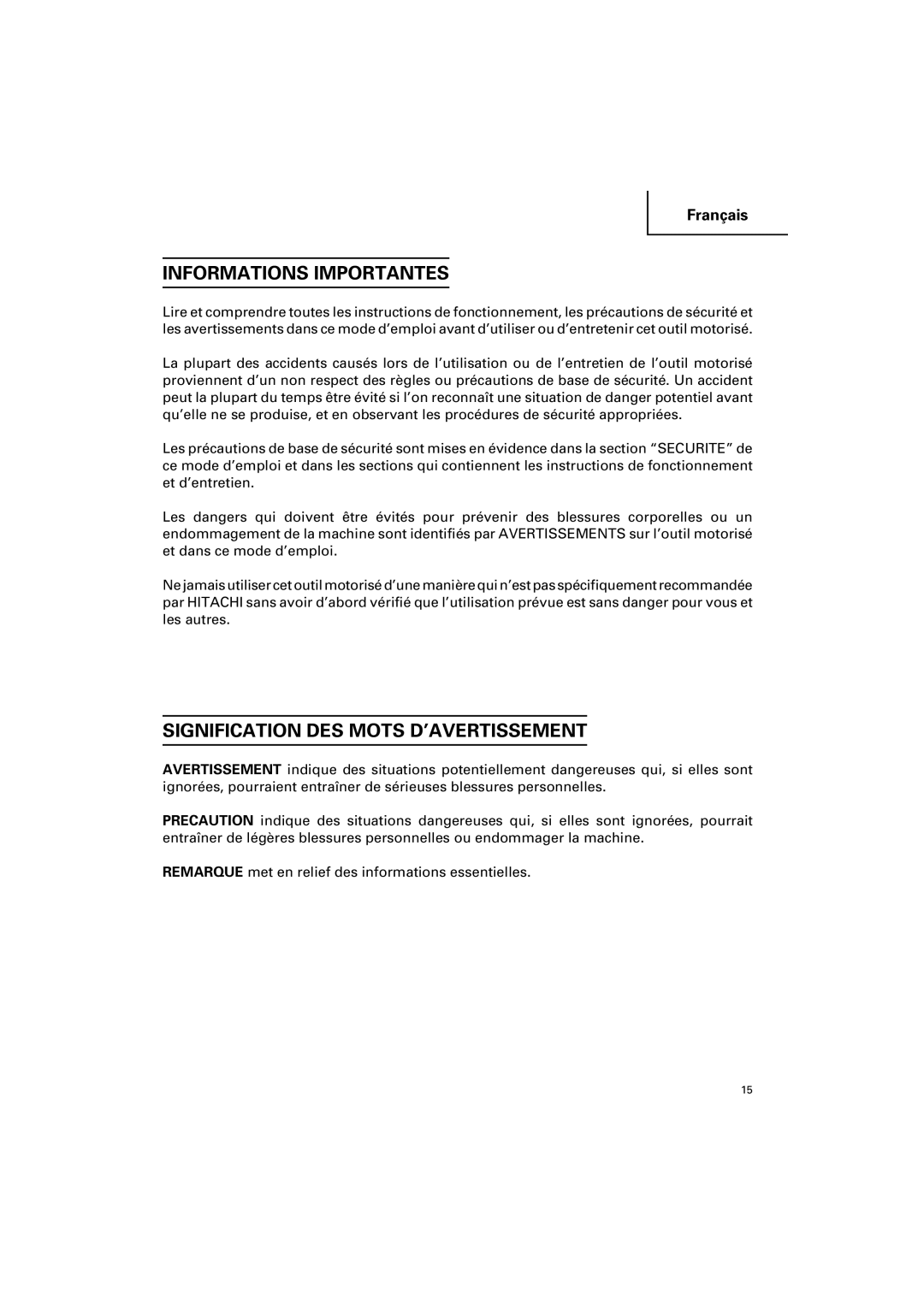 Hitachi CC 12Y instruction manual Informations Importantes, Signification DES Mots D’AVERTISSEMENT 