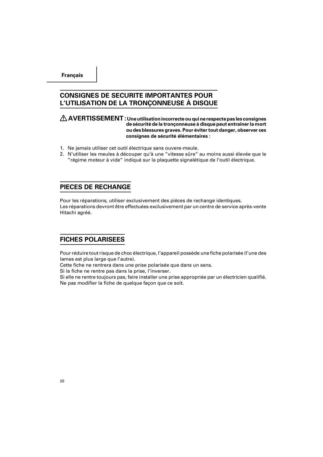 Hitachi CC 12Y instruction manual Pieces DE Rechange, Fiches Polarisees 