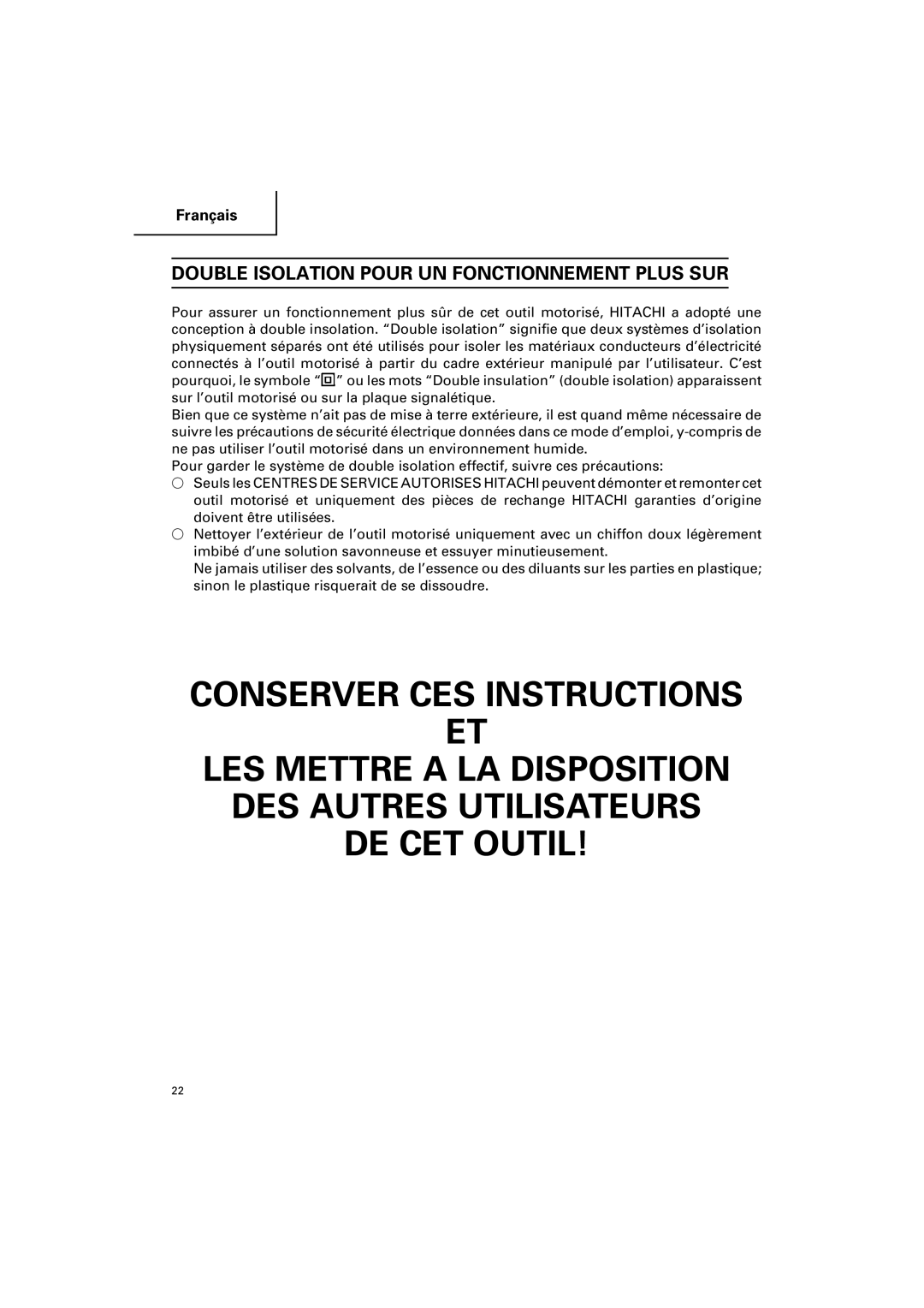 Hitachi CC 12Y instruction manual Double Isolation Pour UN Fonctionnement Plus SUR 