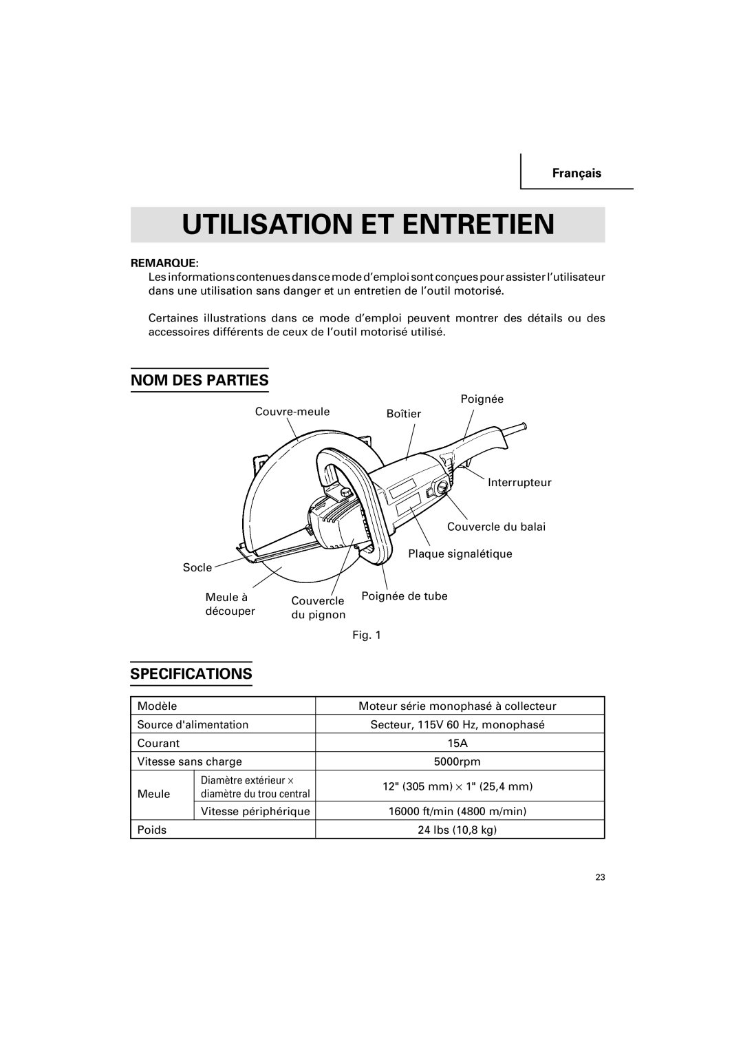 Hitachi CC 12Y instruction manual Utilisation ET Entretien, NOM DES Parties, Remarque 