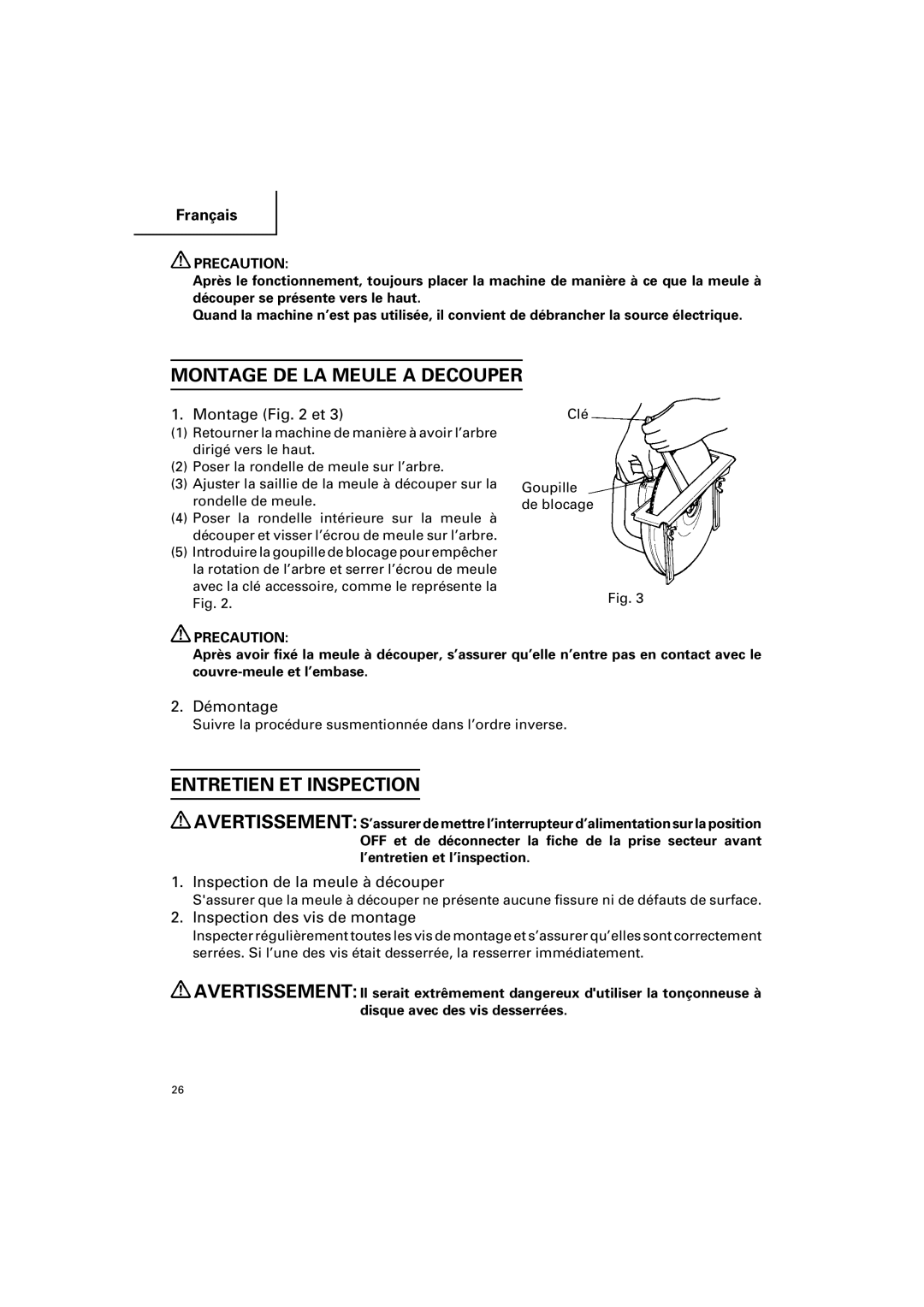 Hitachi CC 12Y instruction manual Montage DE LA Meule a Decouper, Entretien ET Inspection 