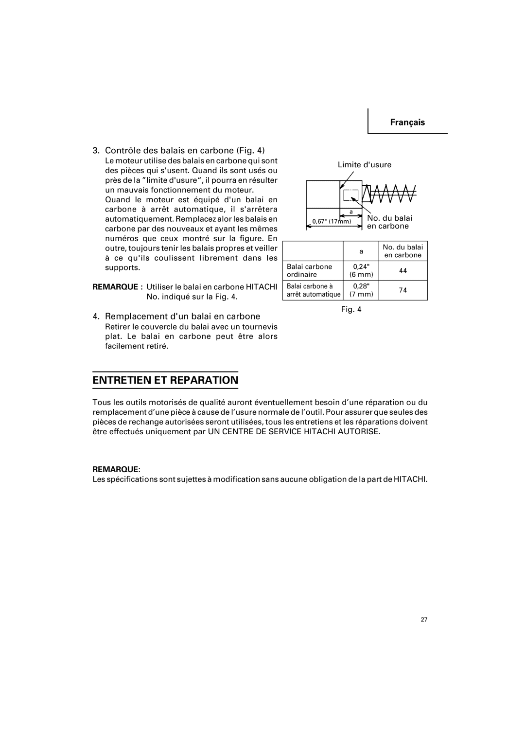 Hitachi CC 12Y Entretien ET Reparation, Contrôle des balais en carbone Fig, Remplacement dun balai en carbone 