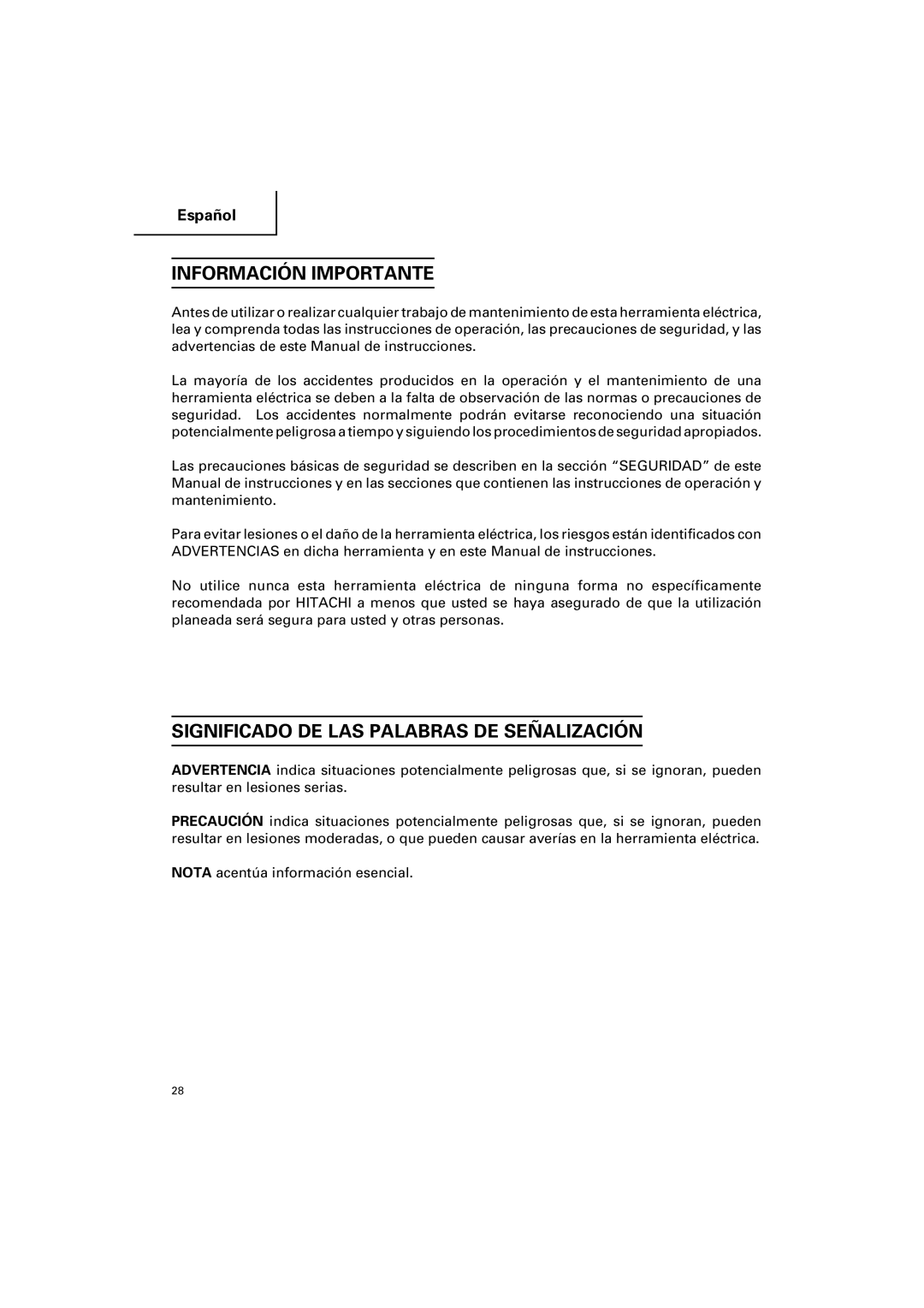 Hitachi CC 12Y instruction manual Información Importante, Significado DE LAS Palabras DE Señalización 