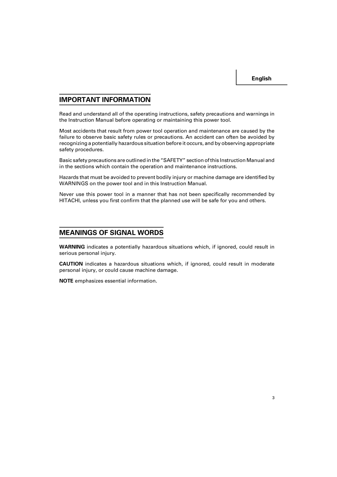 Hitachi CC 12Y instruction manual Important Information, Meanings of Signal Words 