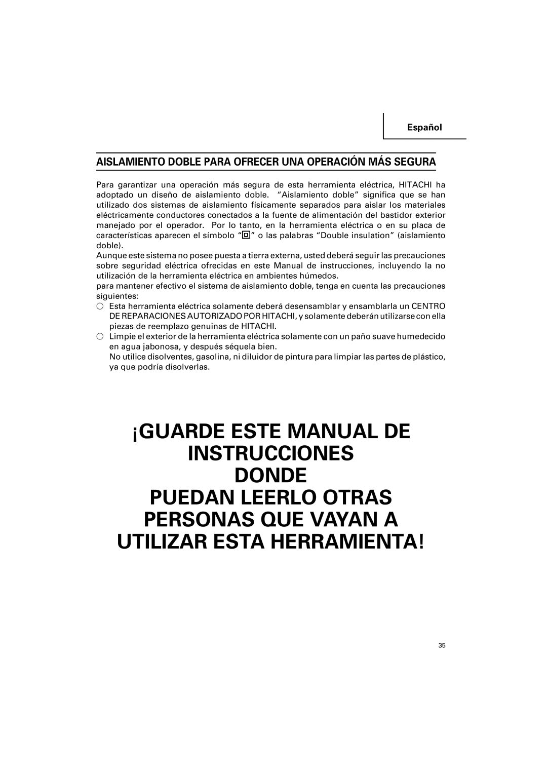 Hitachi CC 12Y instruction manual Aislamiento Doble Para Ofrecer UNA Operación MÁS Segura 