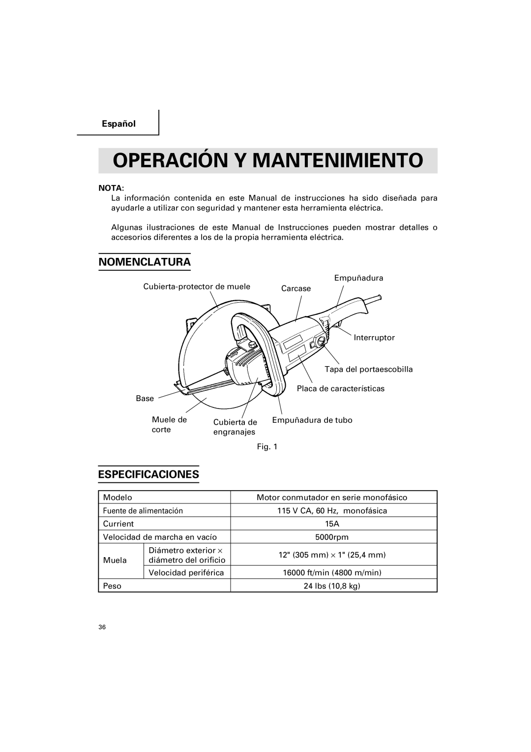 Hitachi CC 12Y instruction manual Operación Y Mantenimiento, Nomenclatura, Nota 