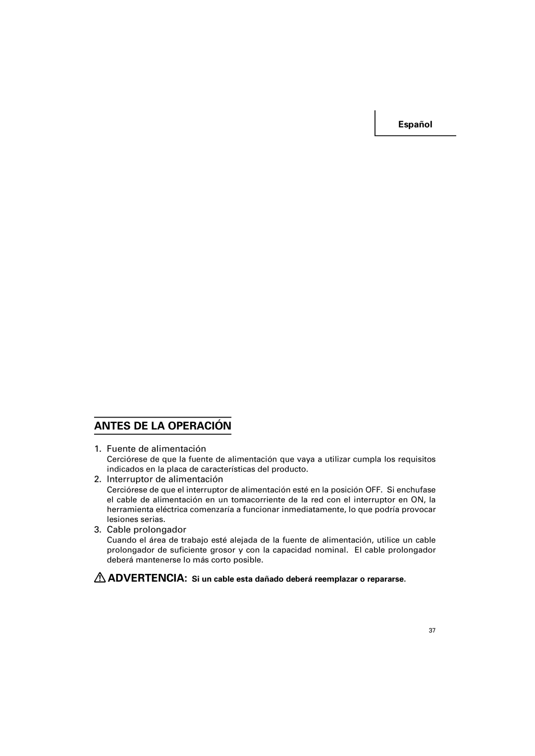 Hitachi CC 12Y Antes DE LA Operación, Fuente de alimentación, Interruptor de alimentación, Cable prolongador 