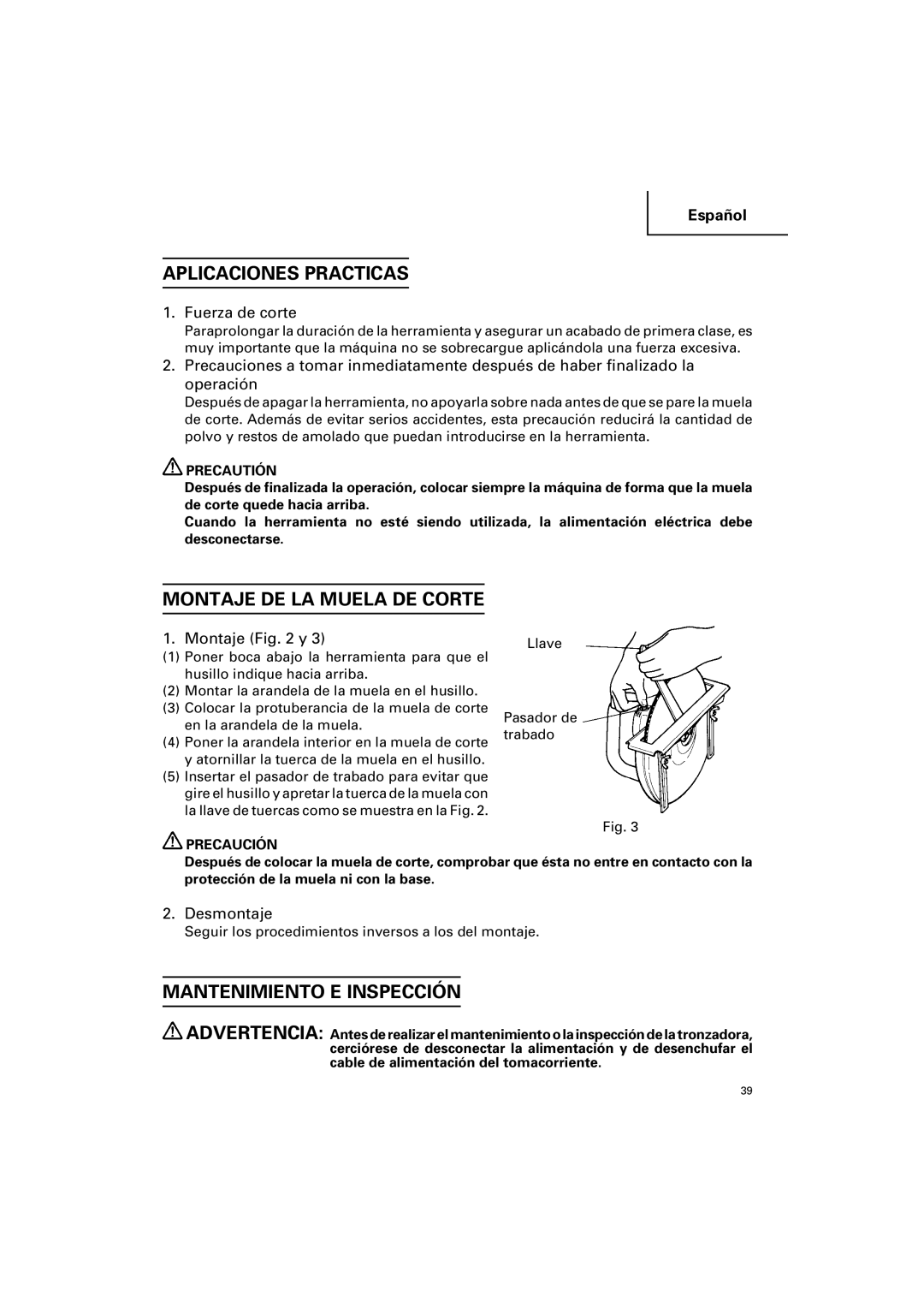 Hitachi CC 12Y instruction manual Aplicaciones Practicas, Montaje DE LA Muela DE Corte, Mantenimiento E Inspección 