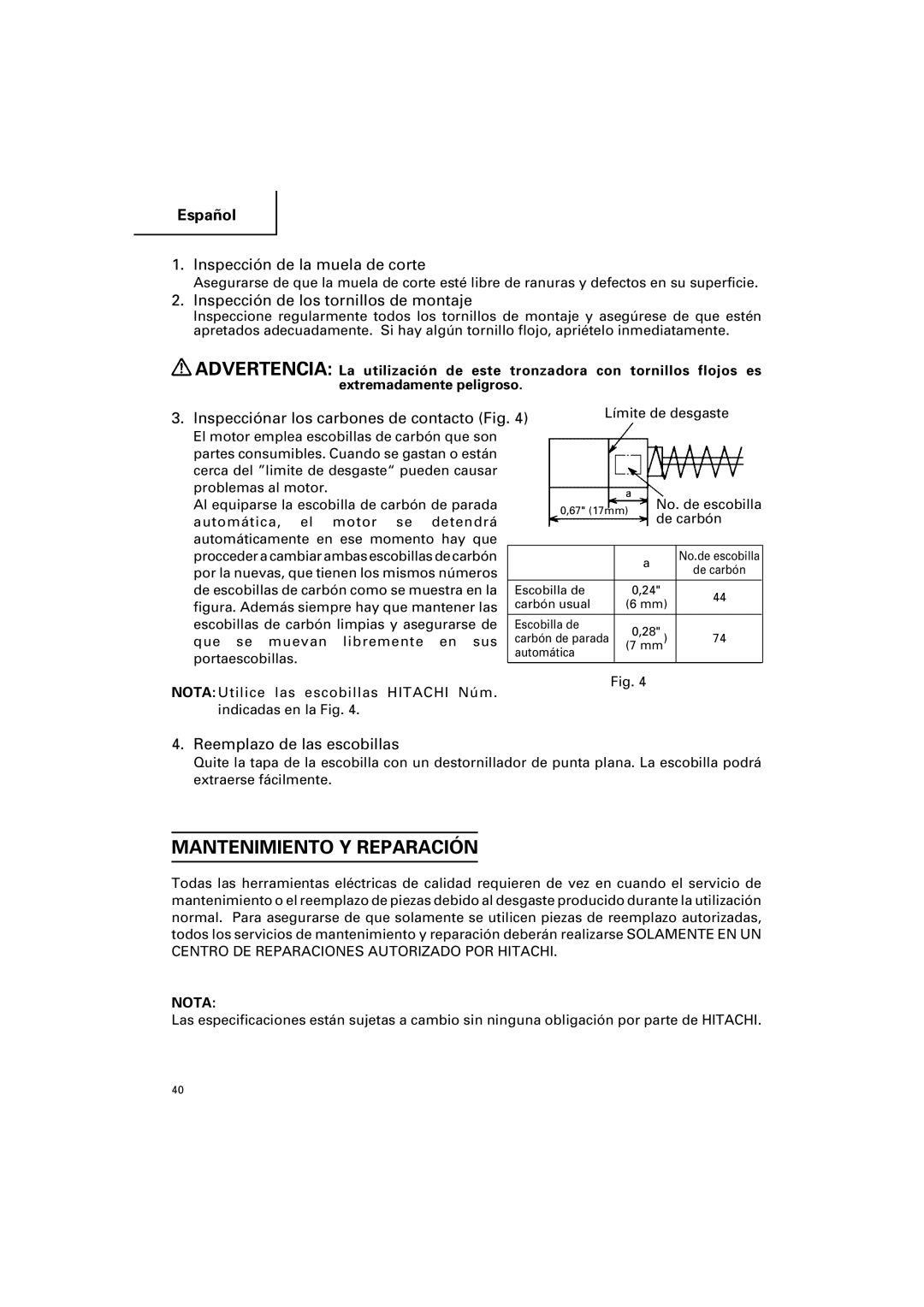 Hitachi CC 12Y Mantenimiento Y Reparación, Inspección de la muela de corte, Inspección de los tornillos de montaje 