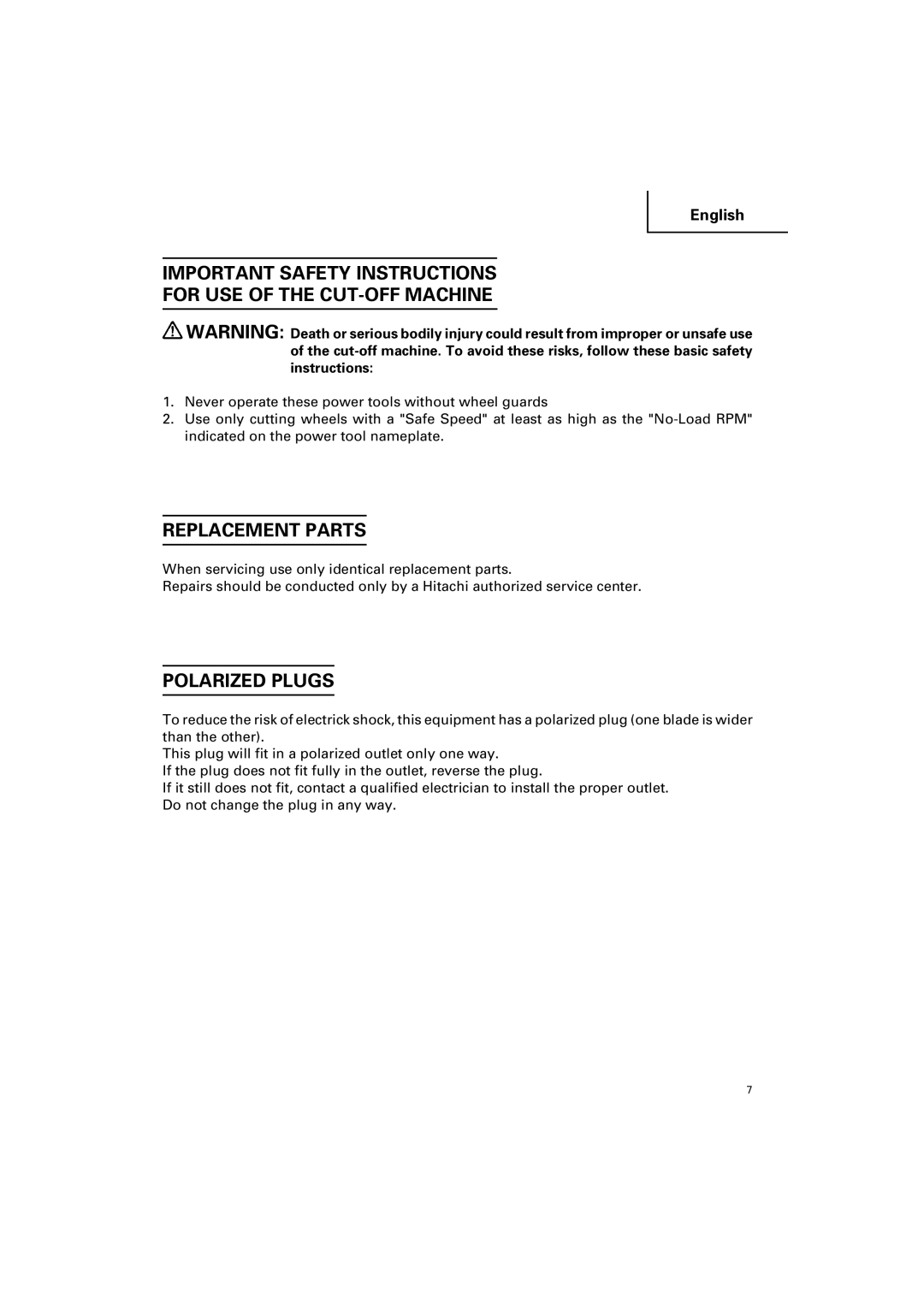 Hitachi CC 12Y instruction manual Replacement Parts, Polarized Plugs 