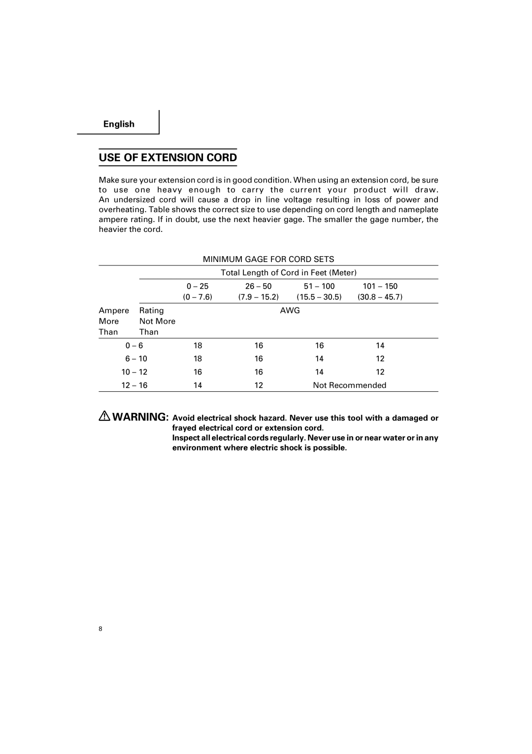 Hitachi CC 12Y instruction manual USE of Extension Cord 