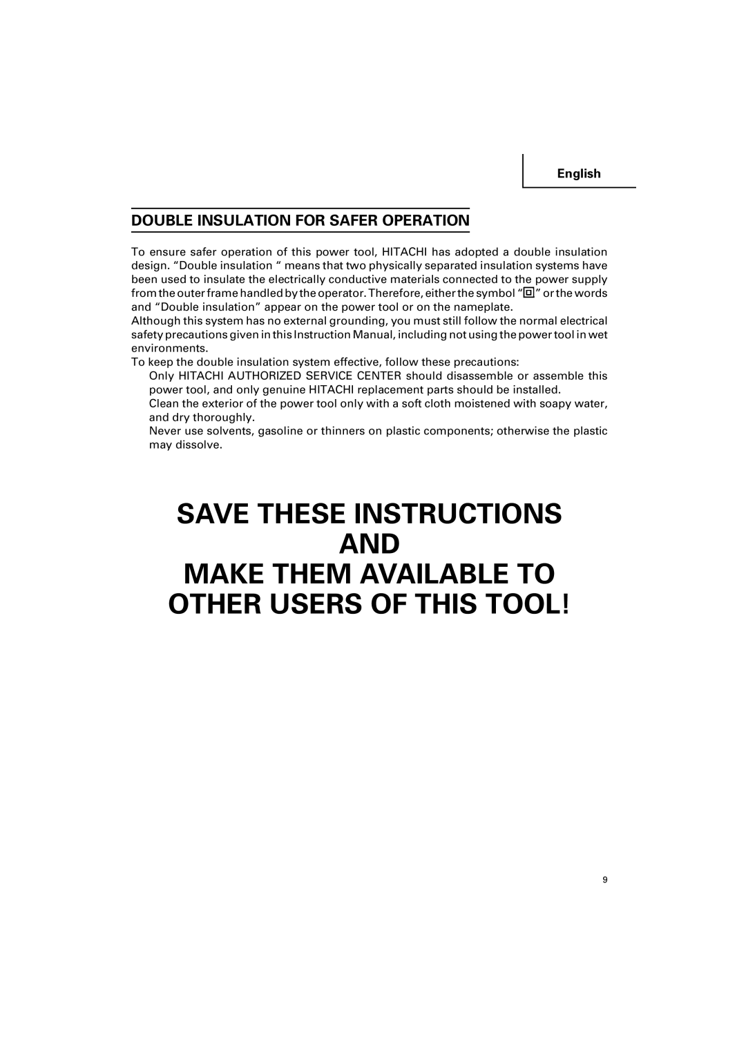 Hitachi CC 12Y instruction manual Make Them Available to Other Users of this Tool, Double Insulation for Safer Operation 