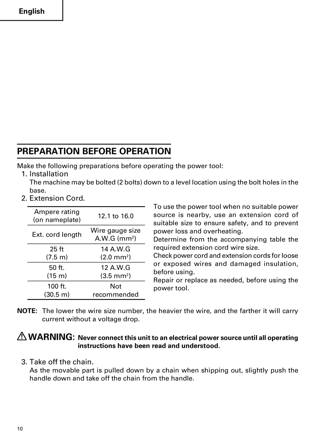 Hitachi CC14SE OM instruction manual Preparation Before Operation, Installation, Extension Cord, Take off the chain 